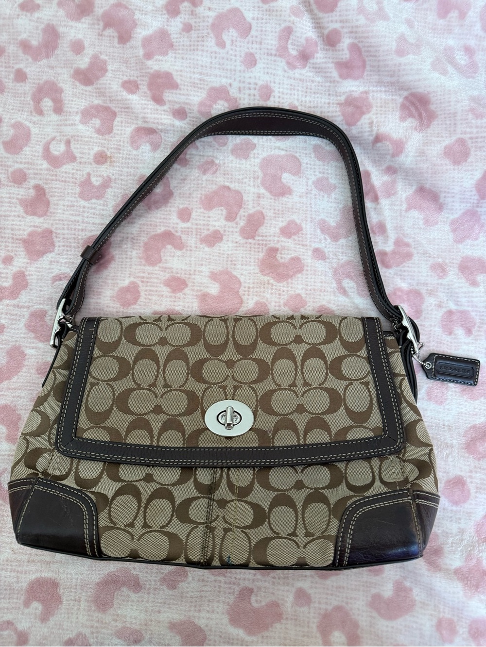 Vintage Coach Signature Canvas Brown Shoulder Bag with Turnlock